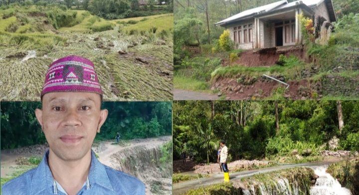 Kepala Desa Mata Wae, Martinus Don mendatangi warganya yang terdampak bencana alam banjir bandang, Kamis, 27 April 2023 kemarin.