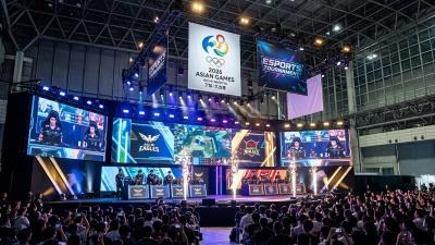 Foto panggung esports Aichi Sky Expo atau logo resmi Asian Games Aichi-Nagoya 2026